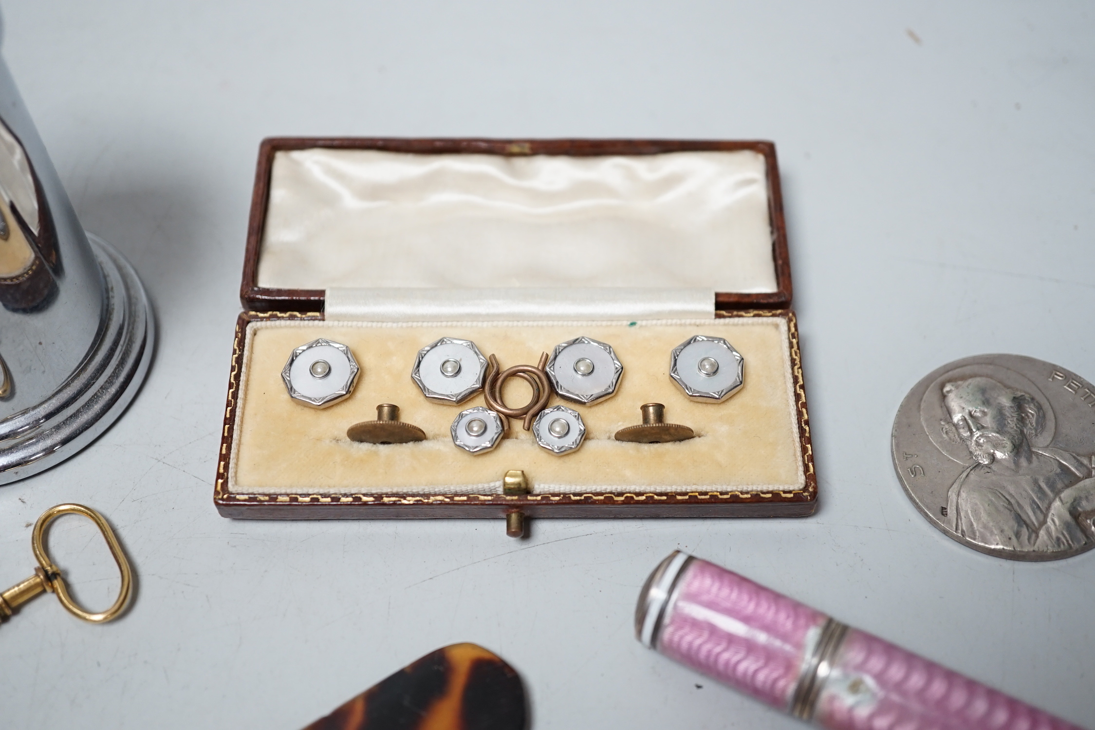 Small silverware and other items including a mug, vase, lipstick holder, lorgnettes etc.